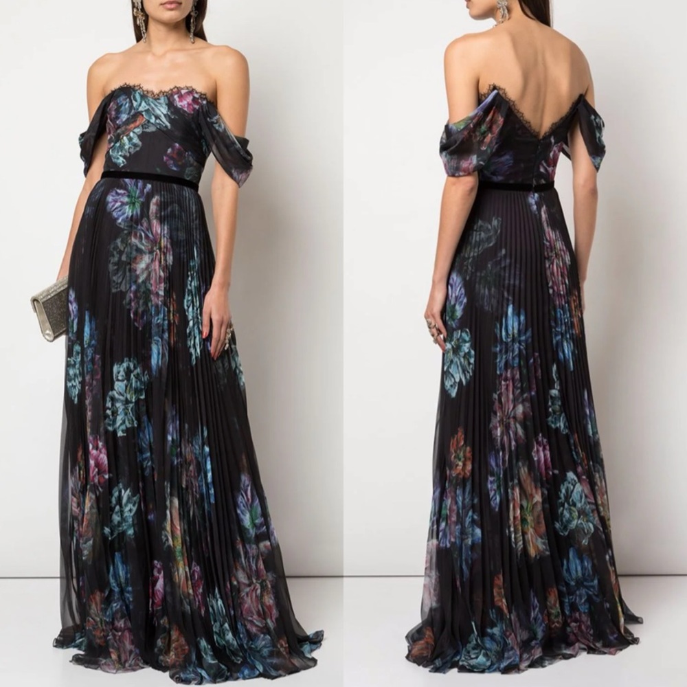 Marchesa Notte Black Floral Printed Gown Maxi Dress in Size 20